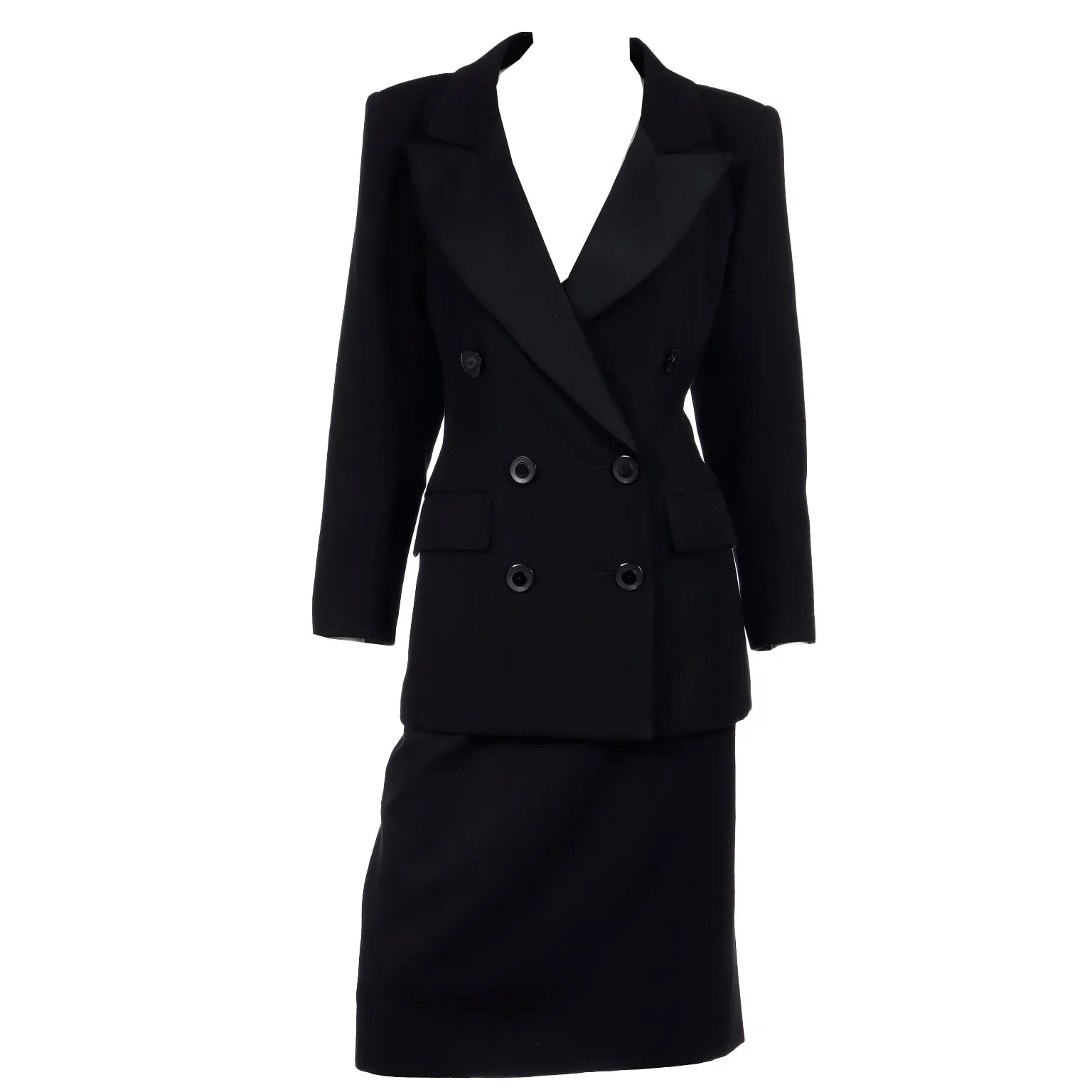 1987 YSL Yves Saint Laurent Black Double Breasted Jacket & Skirt Suit