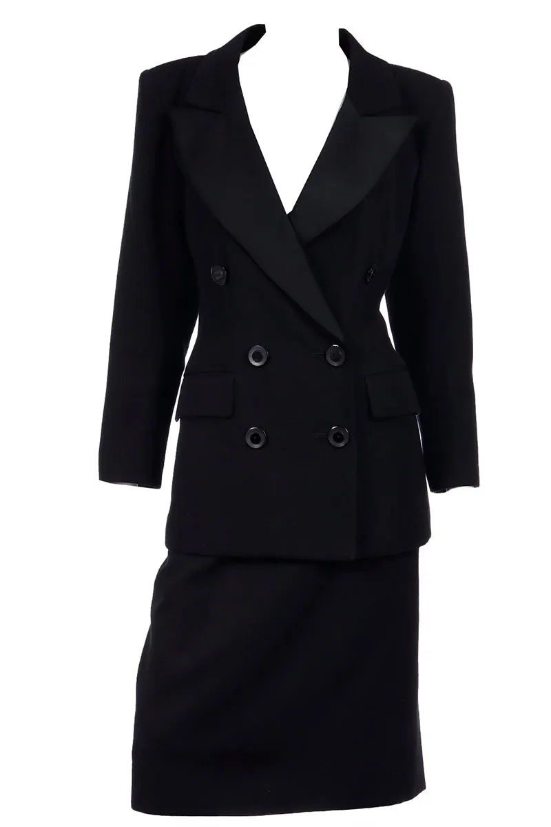 1987 YSL Yves Saint Laurent Black Double Breasted Jacket & Skirt Suit