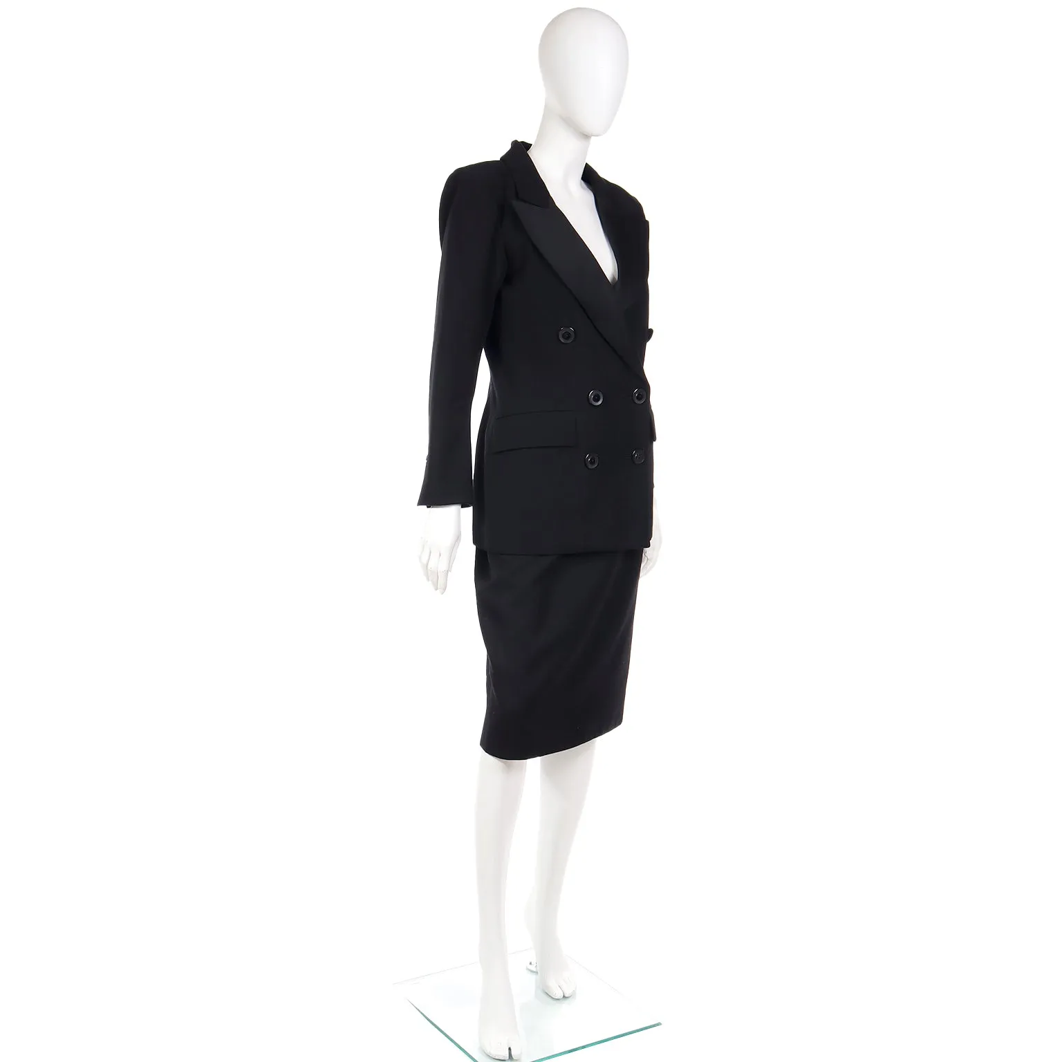 1987 YSL Yves Saint Laurent Black Double Breasted Jacket & Skirt Suit