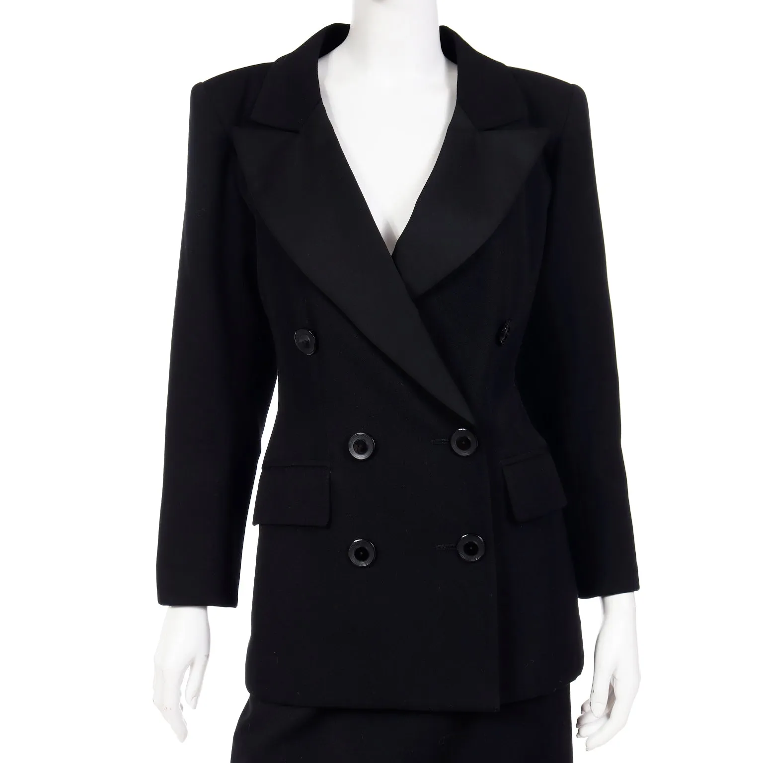 1987 YSL Yves Saint Laurent Black Double Breasted Jacket & Skirt Suit