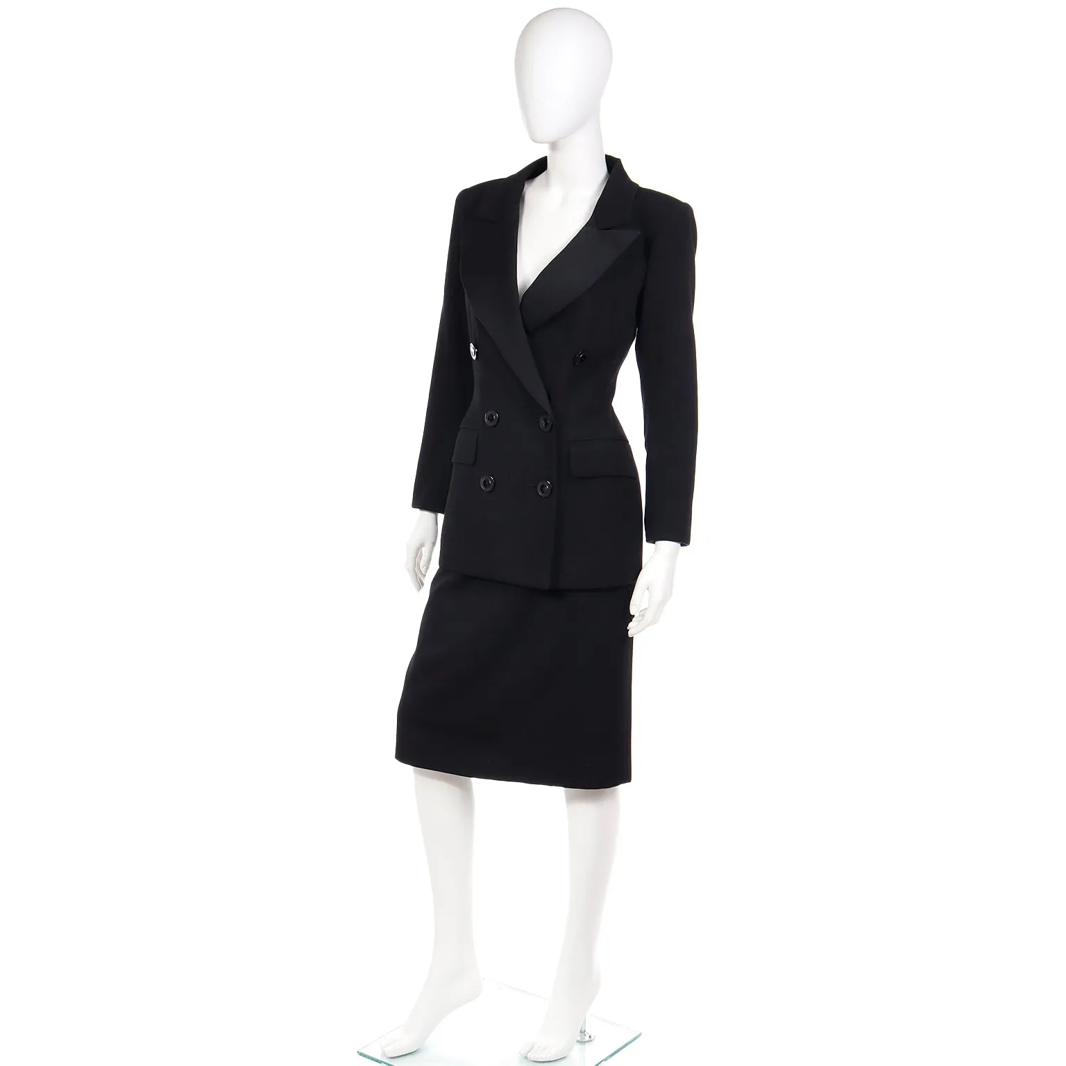 1987 YSL Yves Saint Laurent Black Double Breasted Jacket & Skirt Suit