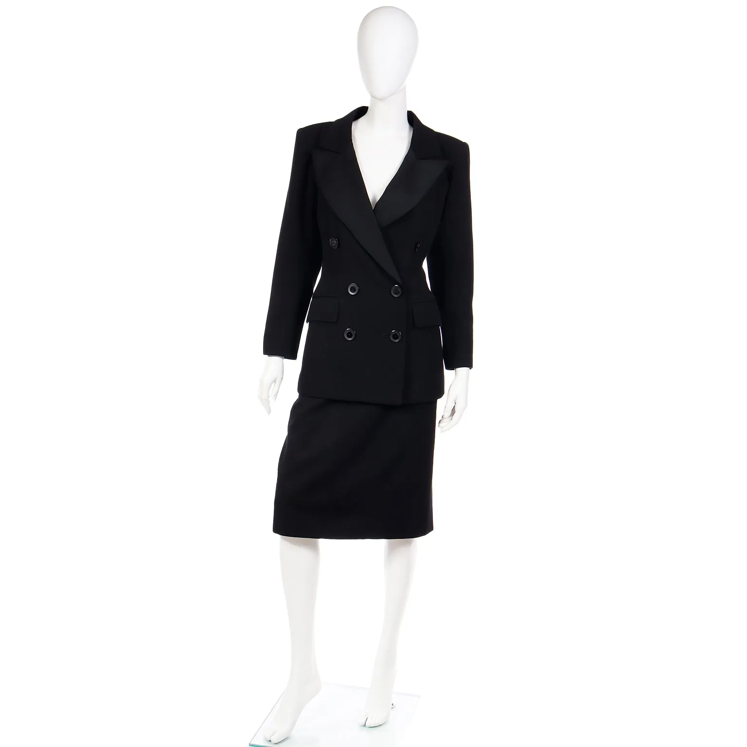 1987 YSL Yves Saint Laurent Black Double Breasted Jacket & Skirt Suit