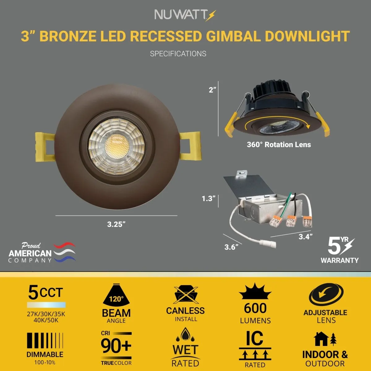 3" Inch Bronze Gimbal Recessed Light for Sloped Ceiling Canless LED Lighting - Wet Rated - 5CCT 2700K-5000K - 600LM