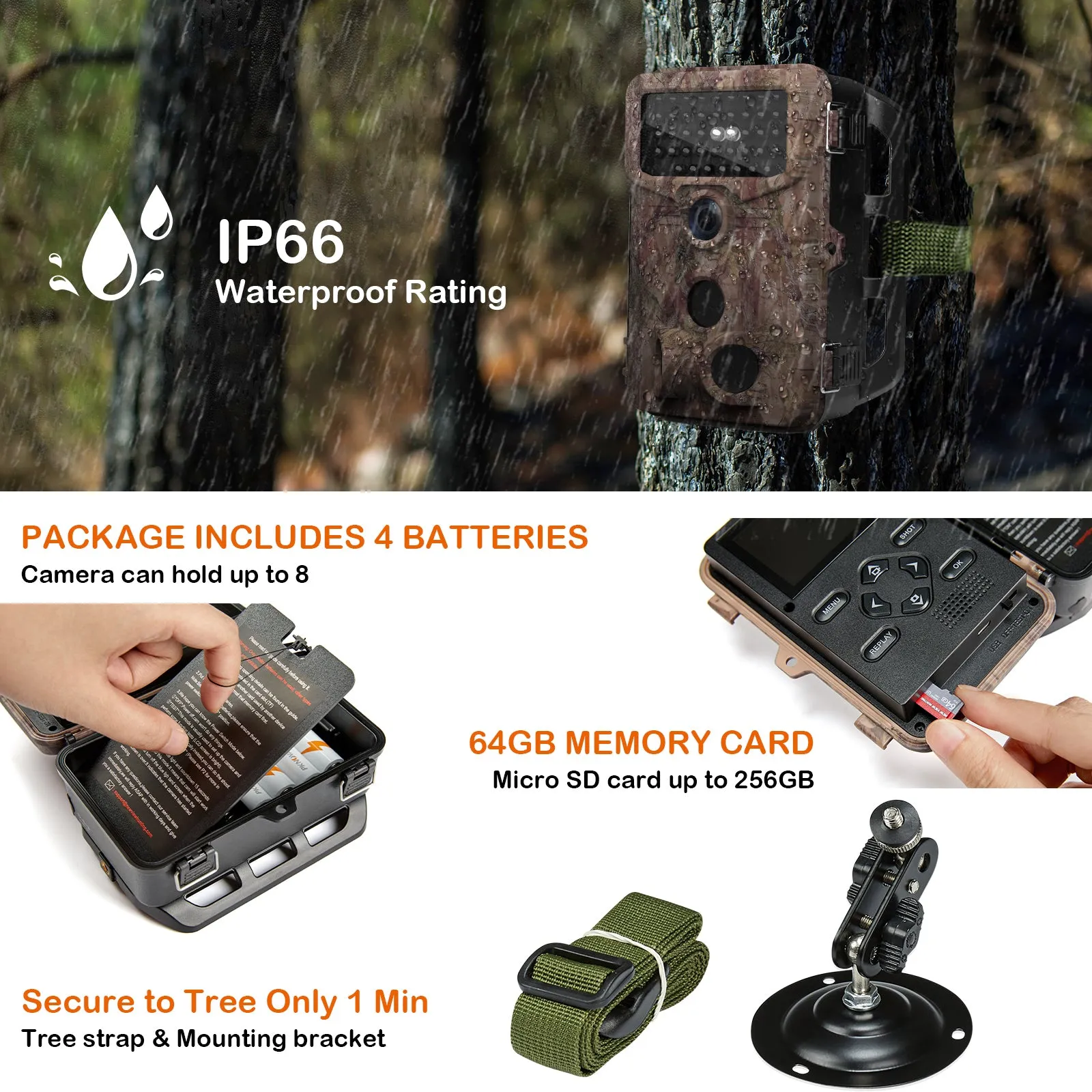 4K 48MP Hunting Trail Camera, Game Cameras with Night Vision Motion Activated Waterproof IP66, No Glow 120° Wide Angle Deer Camera with LCD Display for Capturing Wildlife