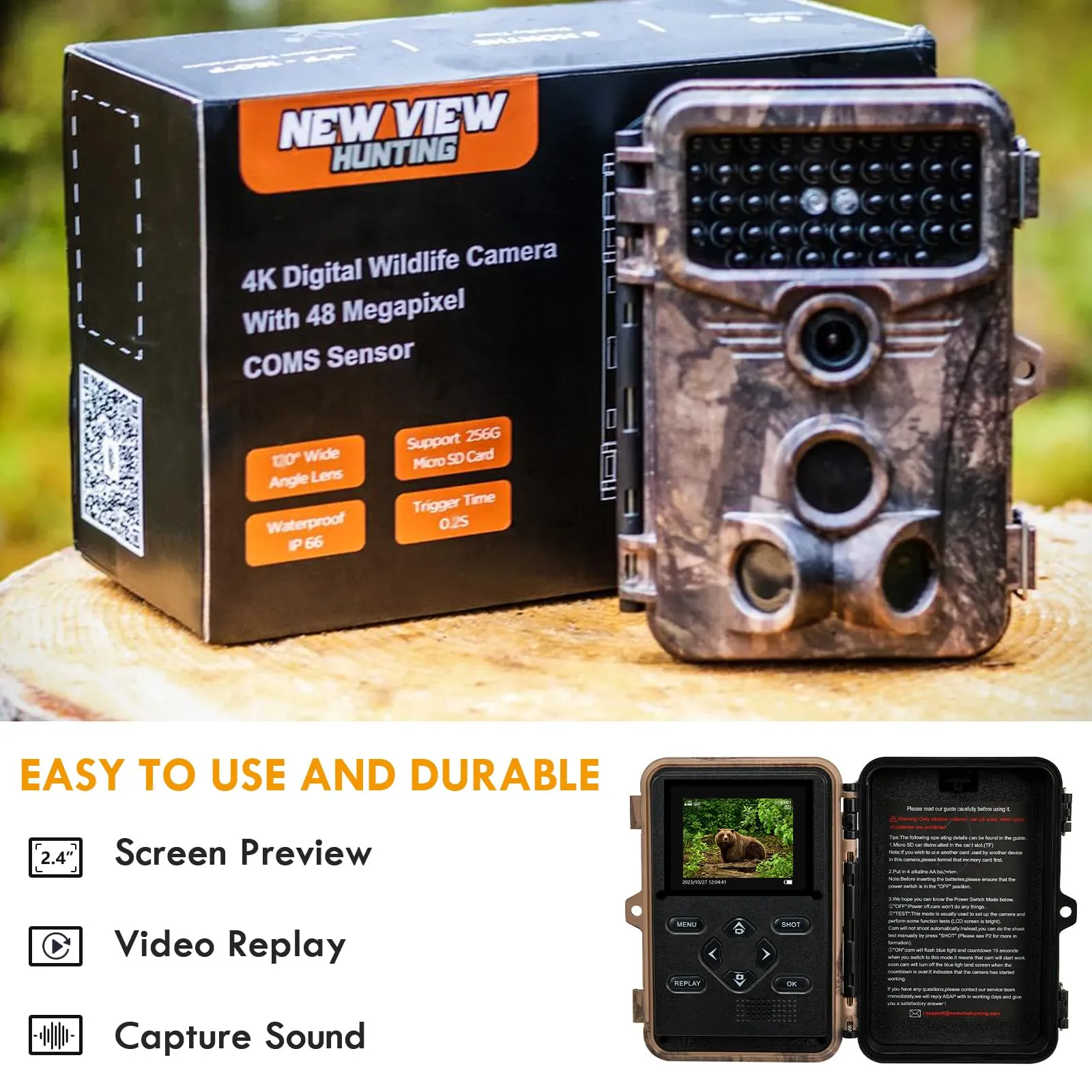 4K 48MP Hunting Trail Camera, Game Cameras with Night Vision Motion Activated Waterproof IP66, No Glow 120° Wide Angle Deer Camera with LCD Display for Capturing Wildlife