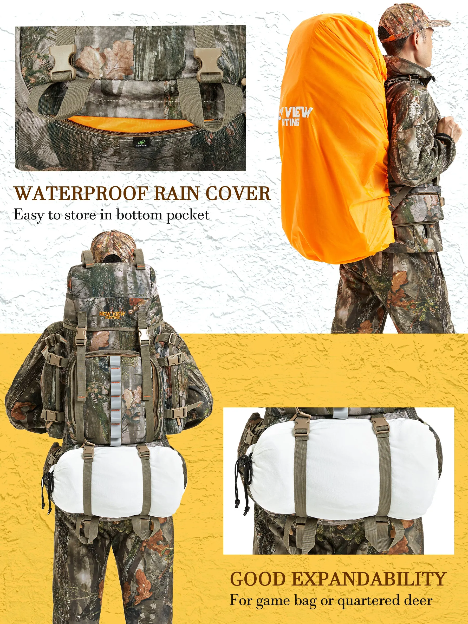 60L Load Reducing Camo Hunting Backpack With Rain Cover