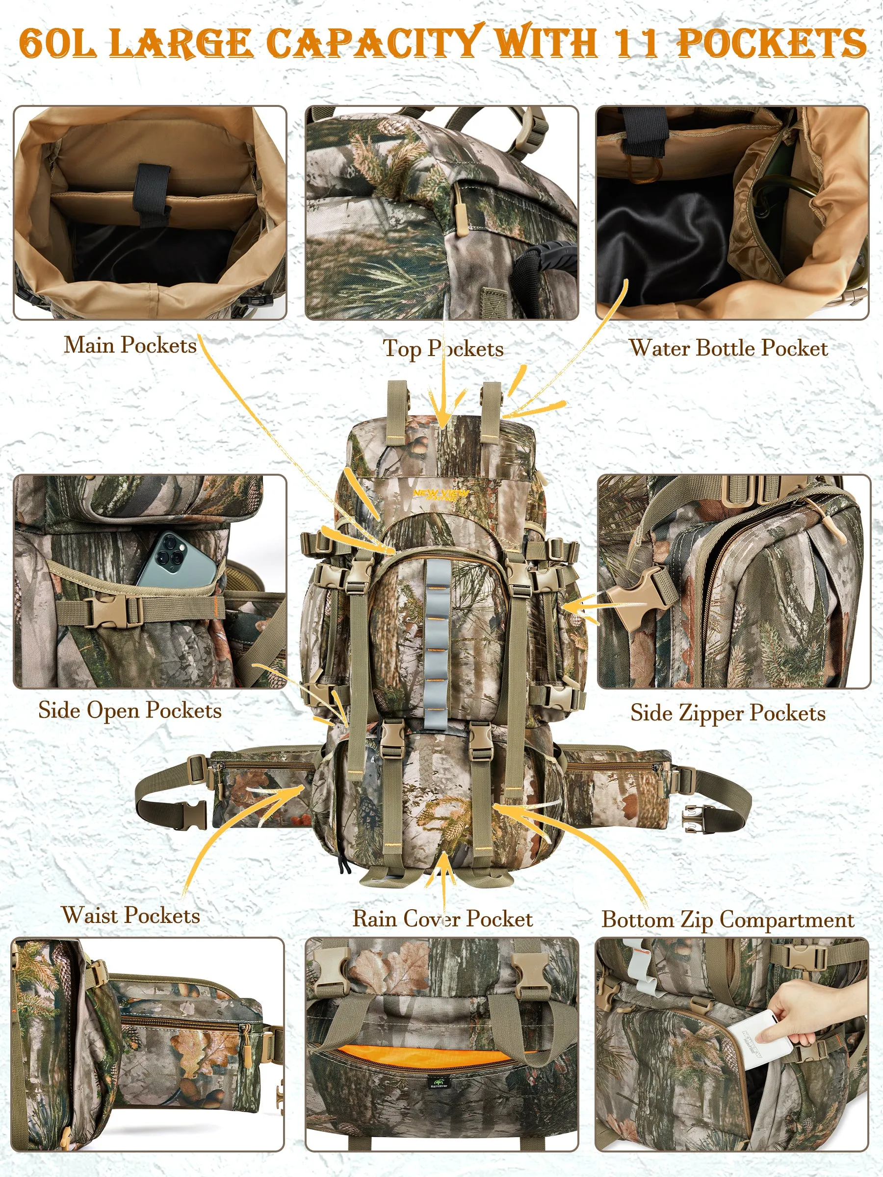 60L Load Reducing Camo Hunting Backpack With Rain Cover