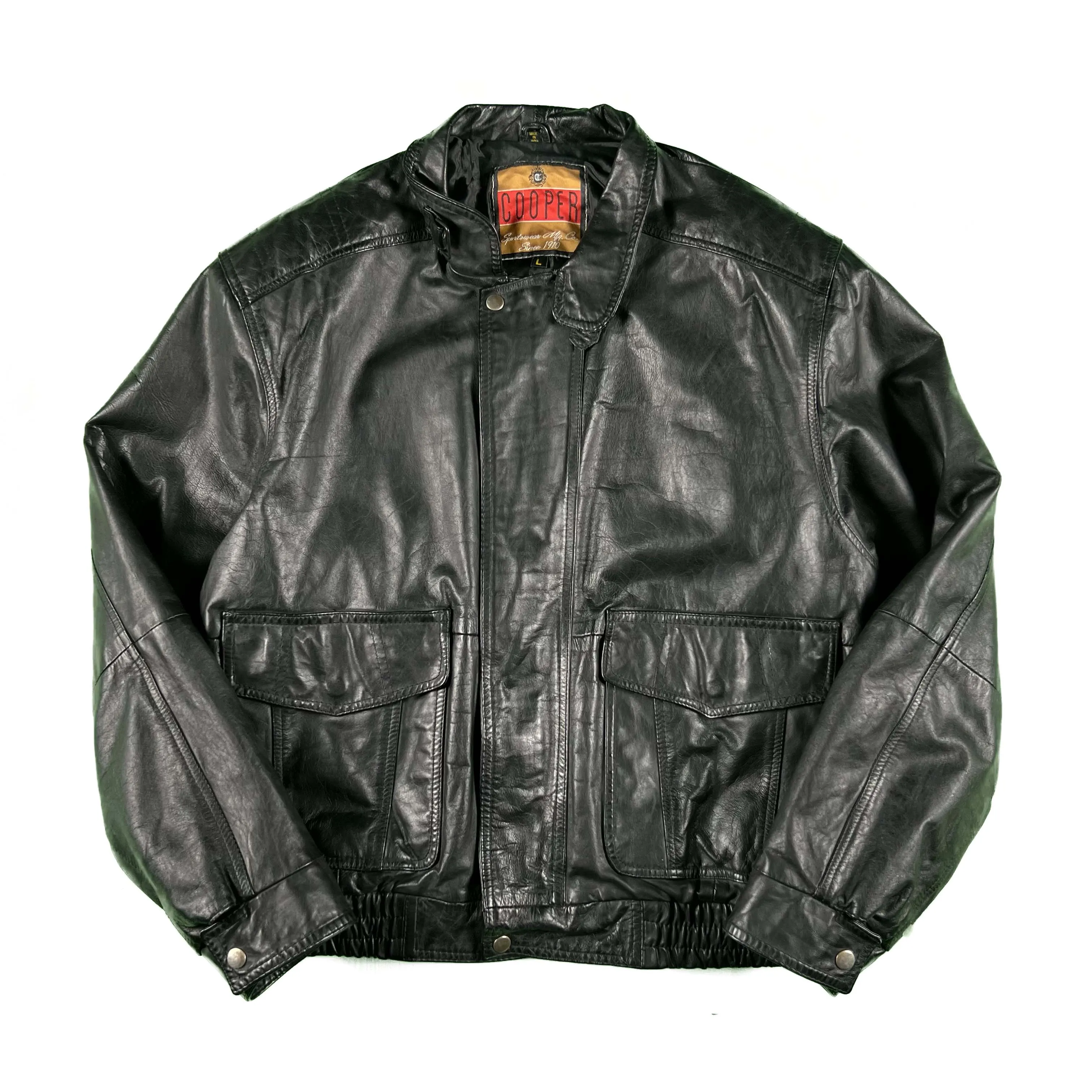 90s Black Leather A2 Style Bomber Jacket- L