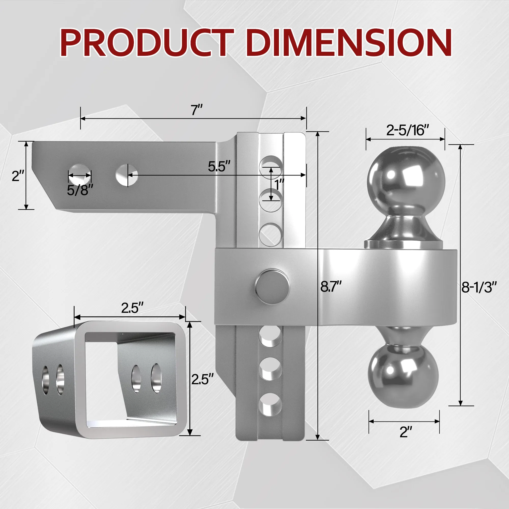 Adjustable Trailer Hitch, Fits 2"& 2.5" Receiver, 6" Drop/Rise Aluminum Tow Hitch Ball Mount ATH228L