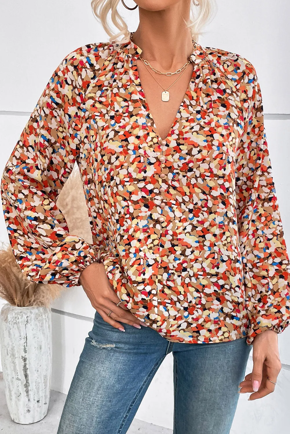 Allover Abstract Print V-Neck Bishop Sleeve Blouse