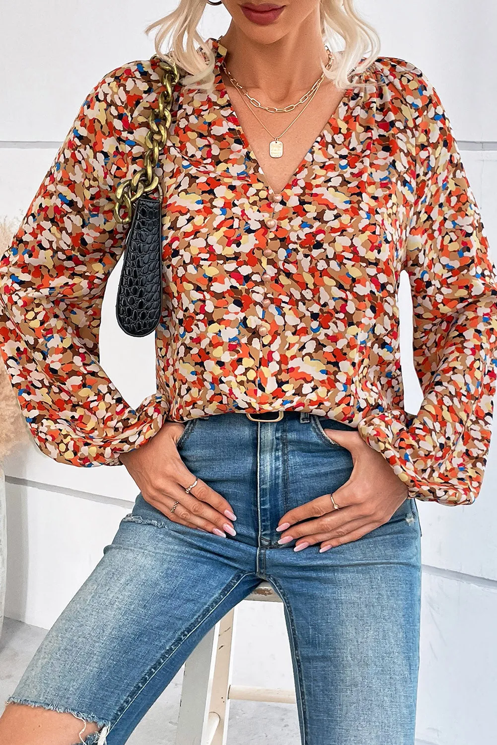 Allover Abstract Print V-Neck Bishop Sleeve Blouse