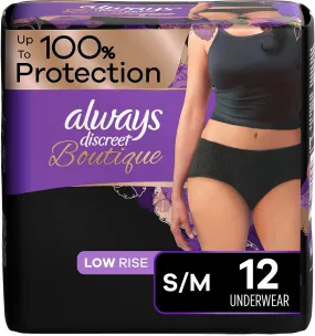 Always Discreet Boutique Low-Rise Underwear Maximum Absorbency, Black ,S/M , 12 pcs