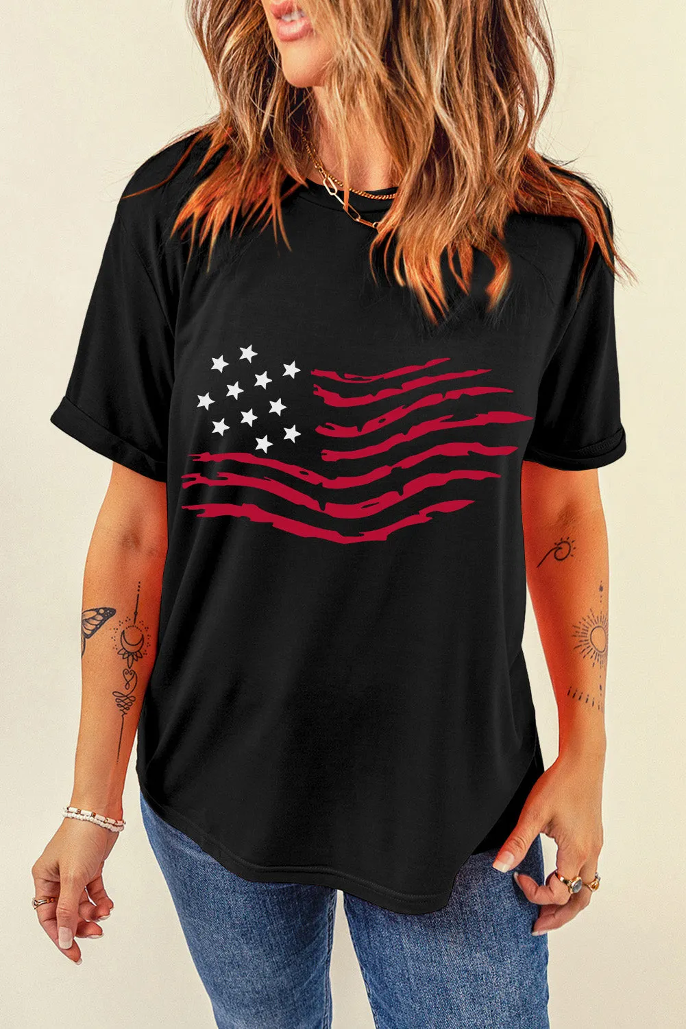 American Flag Print Black Crew Neck T-Shirt