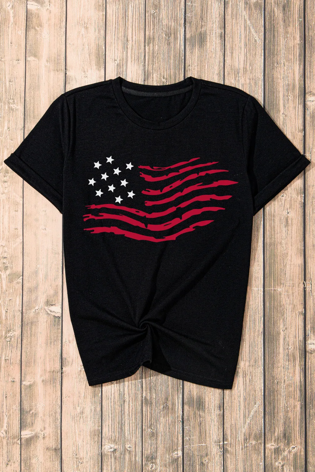 American Flag Print Black Crew Neck T-Shirt