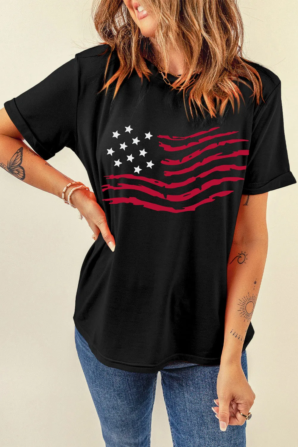 American Flag Print Black Crew Neck T-Shirt