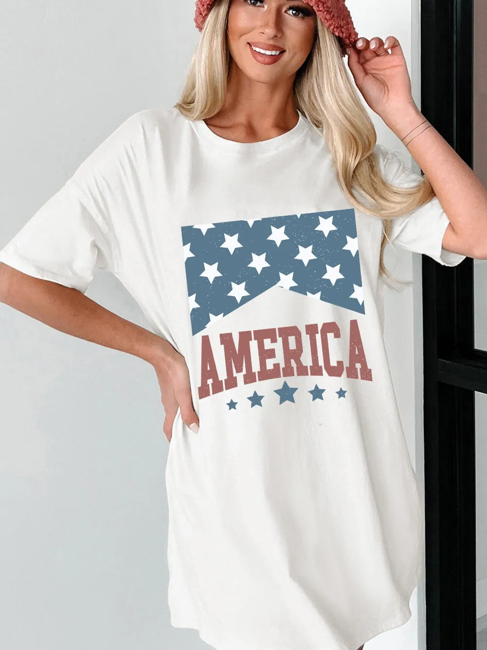 American Stars Print Oversized Tee for 4th of July Celebration