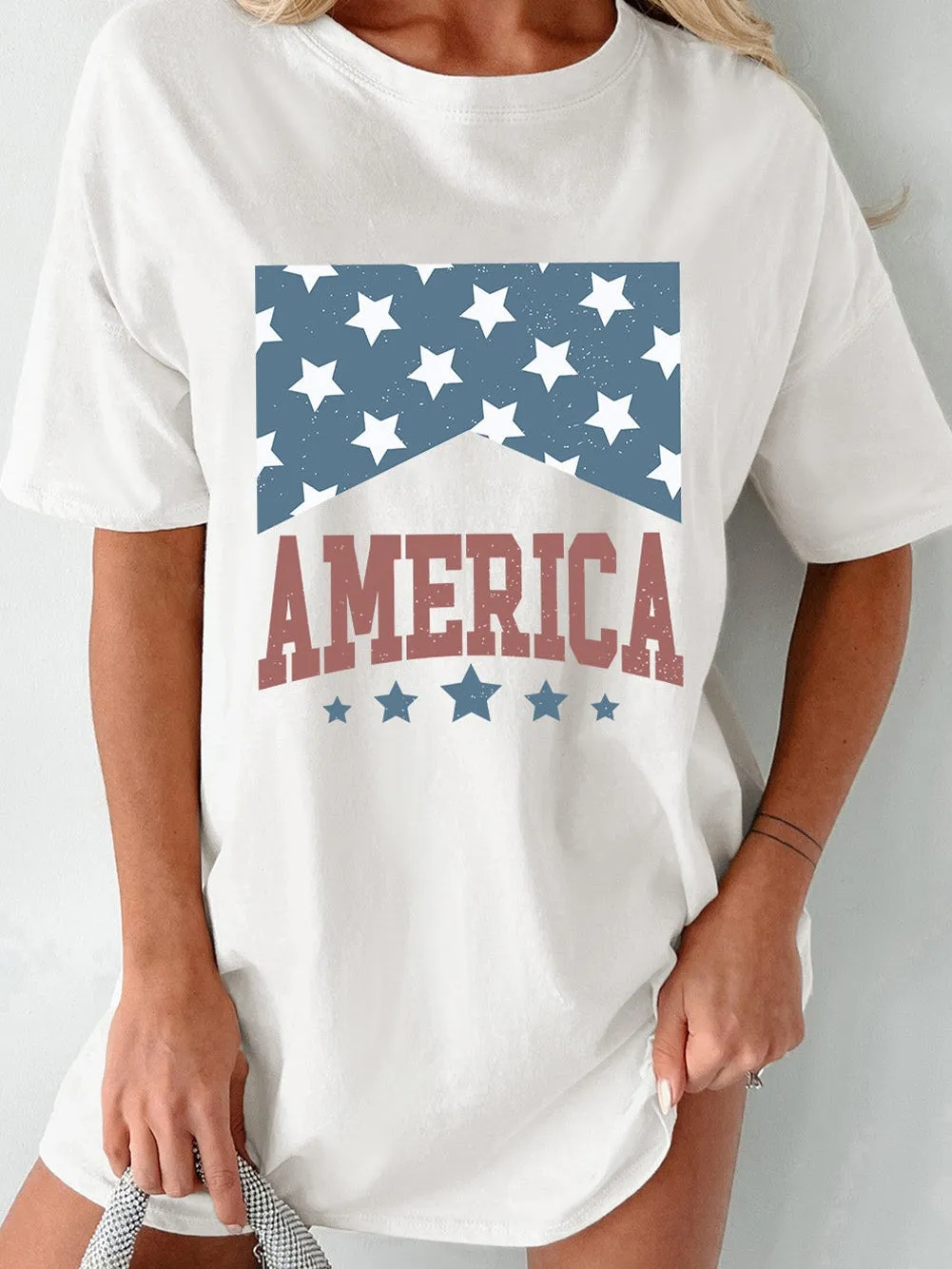 American Stars Print Oversized Tee for 4th of July Celebration