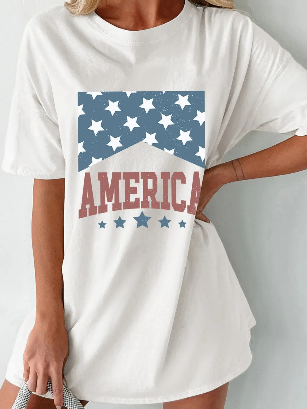 American Stars Print Oversized Tee for 4th of July Celebration