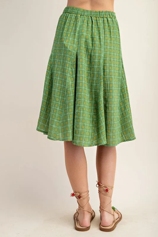 Apple Green Flared Midi Skirt in a Check Print