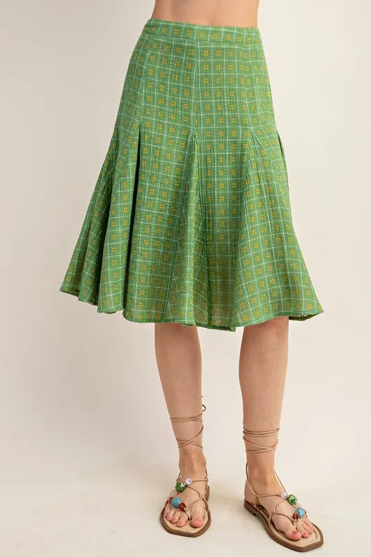 Apple Green Flared Midi Skirt in a Check Print