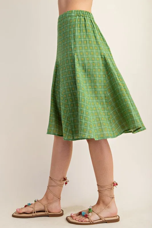 Apple Green Flared Midi Skirt in a Check Print