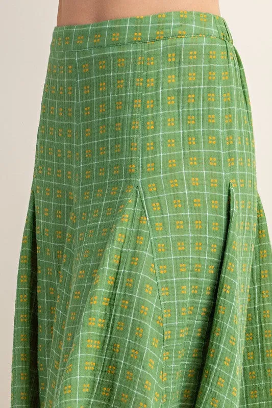 Apple Green Flared Midi Skirt in a Check Print