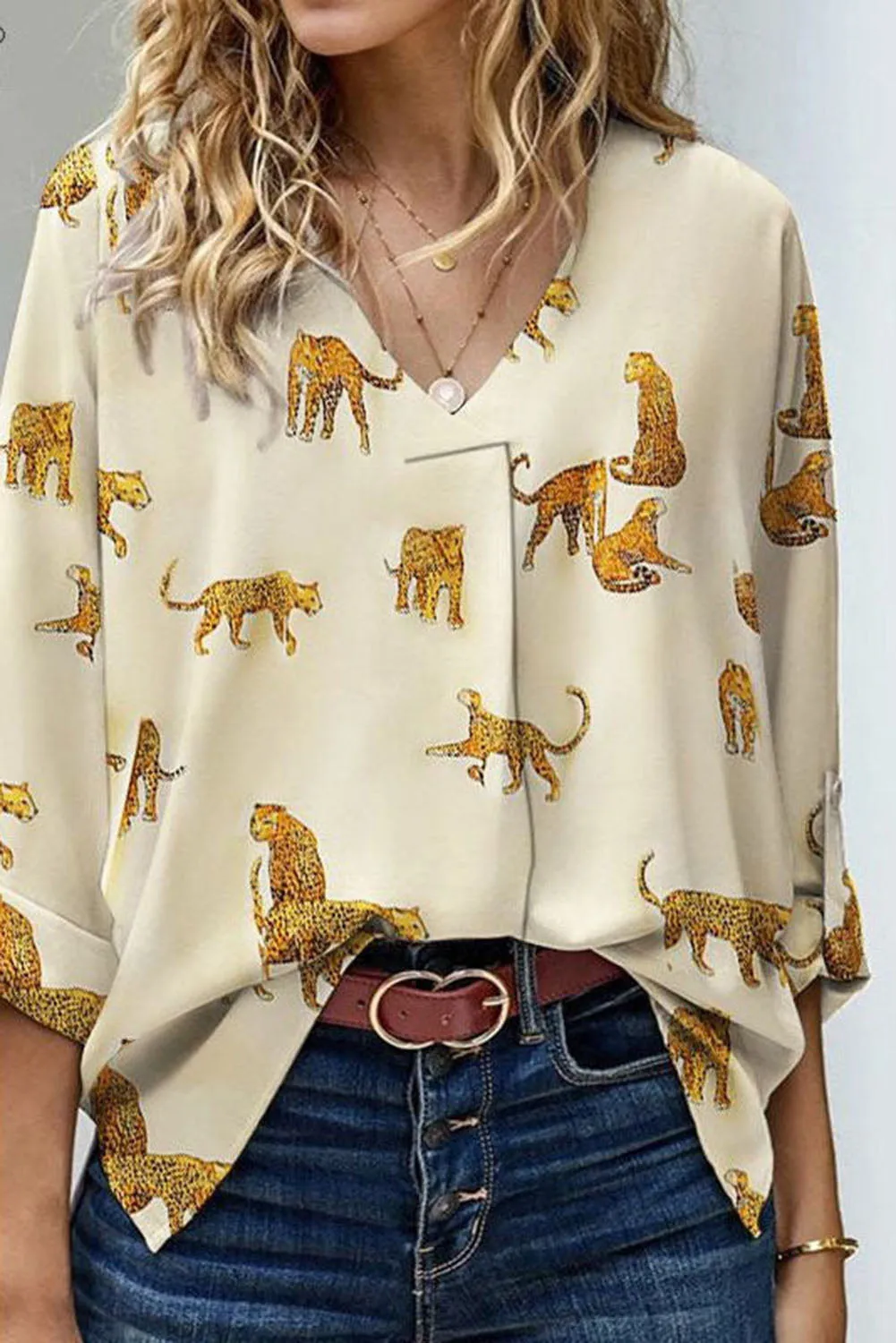 Apricot Leopard Print Tab Sleeve V-Neck Blouse with Wild Animal Pattern