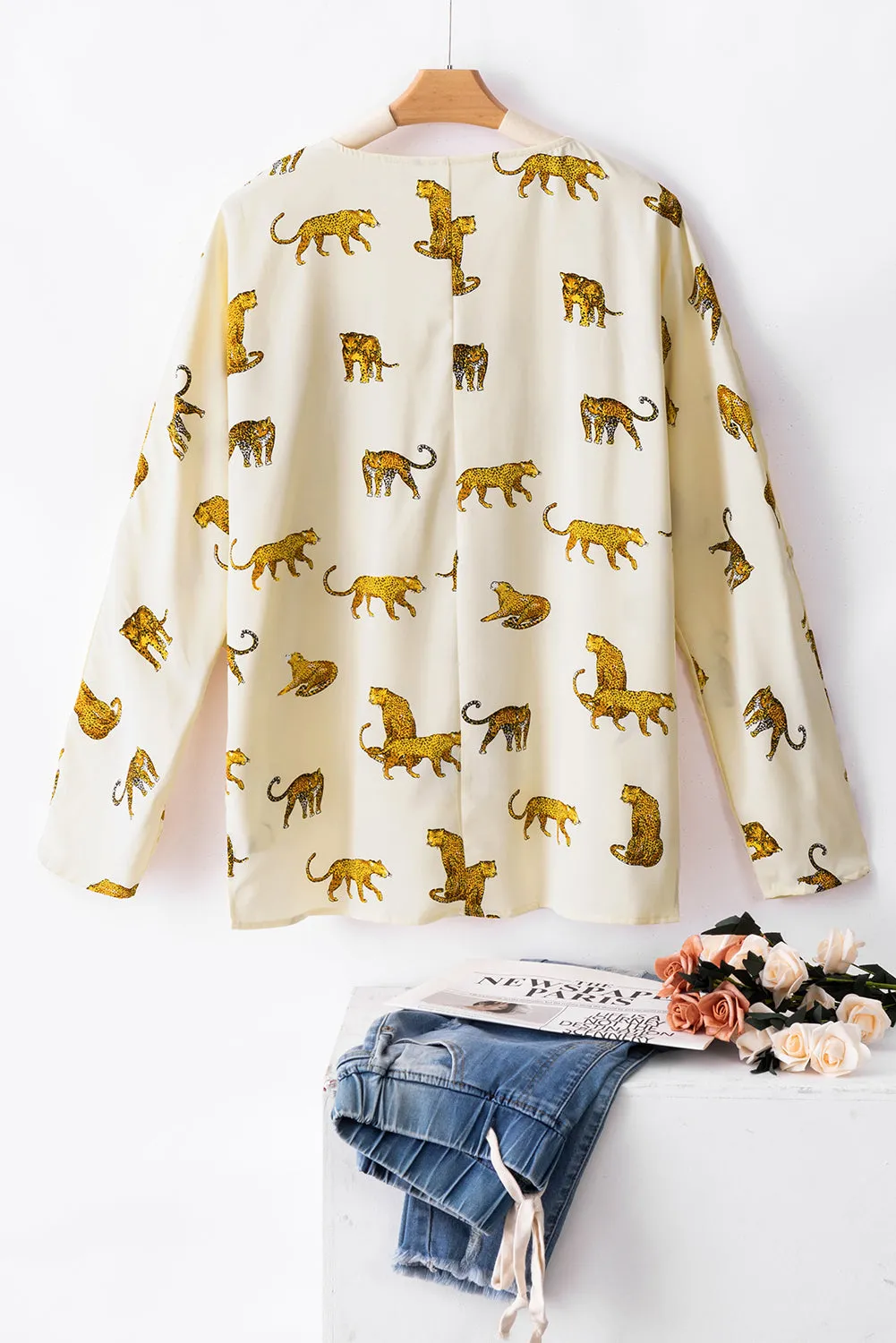 Apricot Leopard Print Tab Sleeve V-Neck Blouse with Wild Animal Pattern