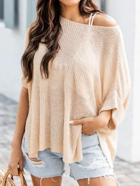 Apricot Textured Knit Loose Fit Half Sleeve Top with Split Pocket