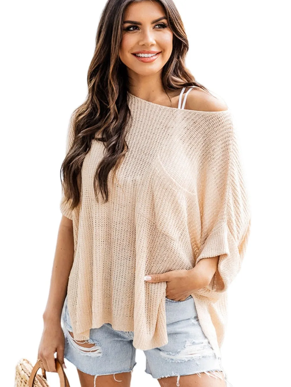 Apricot Textured Knit Loose Fit Half Sleeve Top with Split Pocket