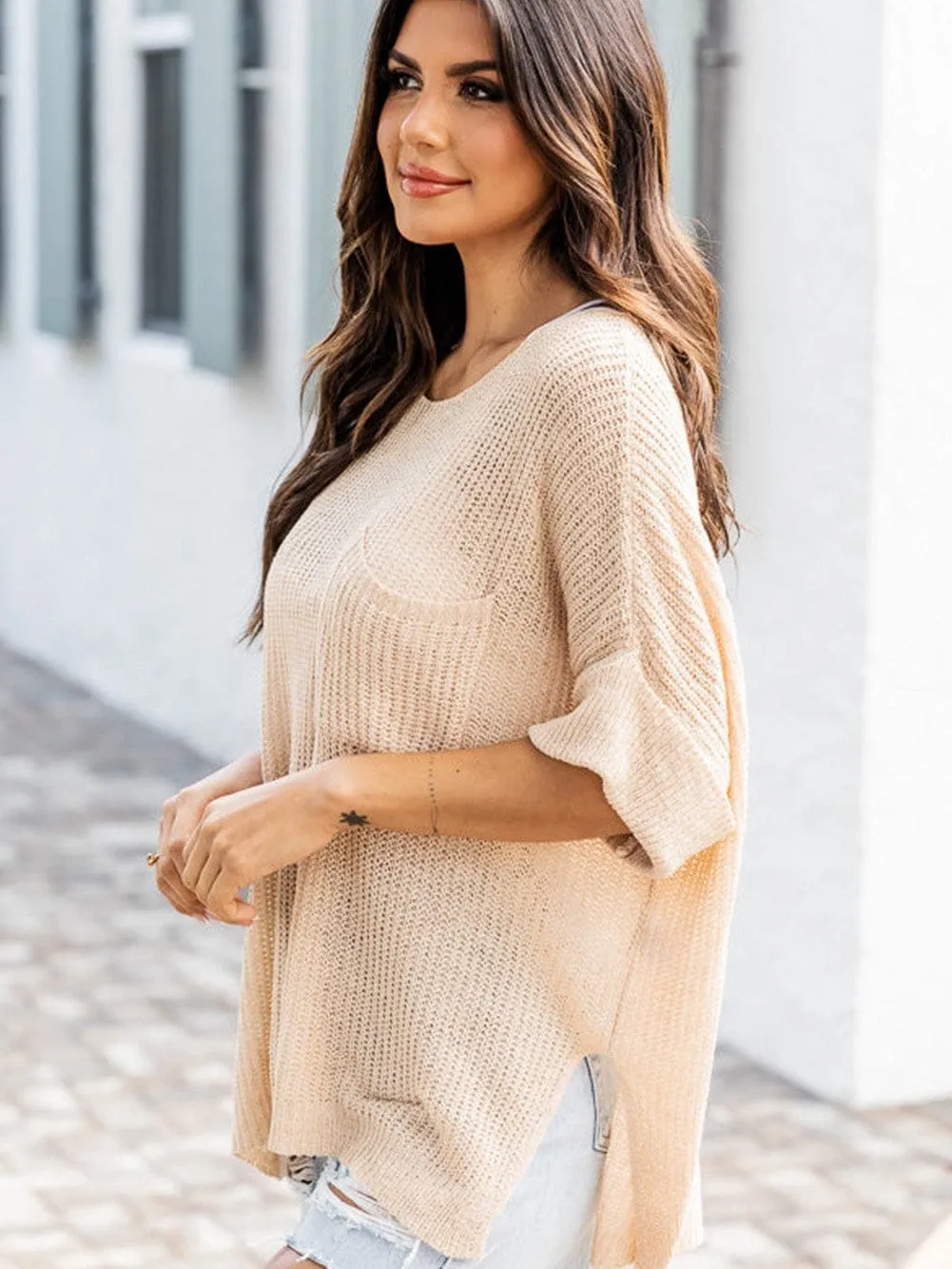 Apricot Textured Knit Loose Fit Half Sleeve Top with Split Pocket