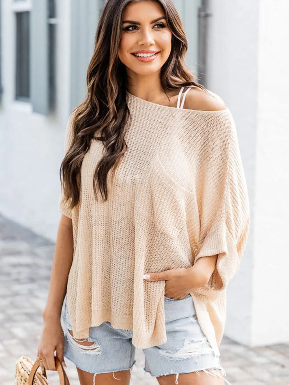 Apricot Textured Knit Loose Fit Half Sleeve Top with Split Pocket