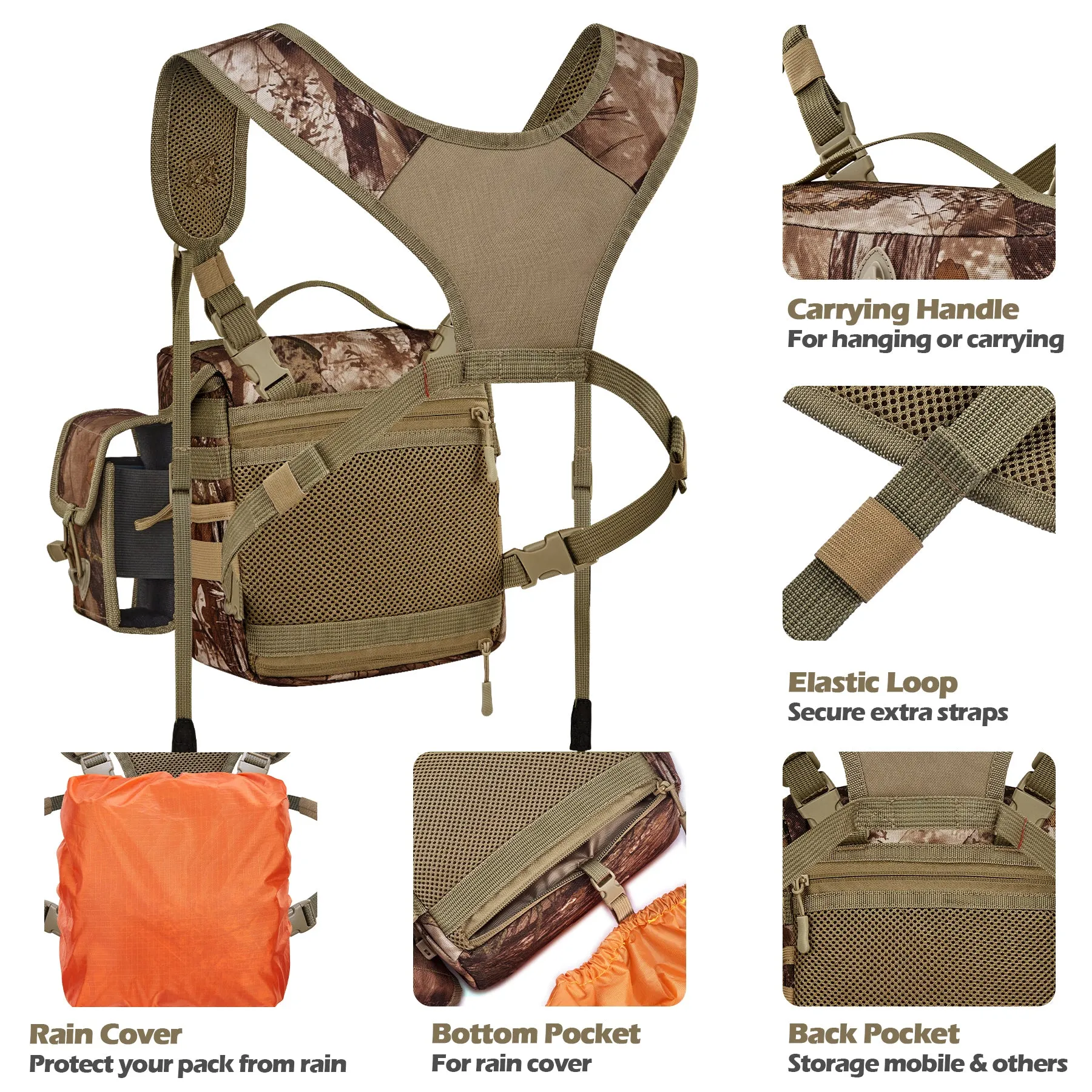 Binocular Chest Pack for Hunting, Bino Harness with Range Finder Pouch (Large Size)