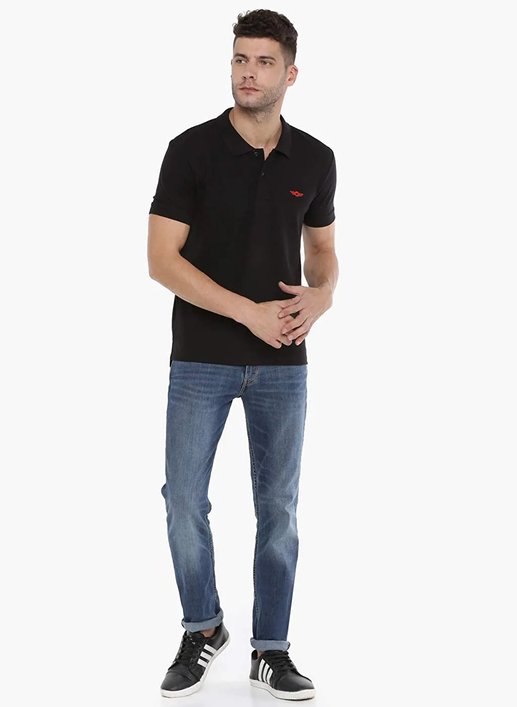 Black Slim Fit Polo Neck T-Shirt with collar for Men