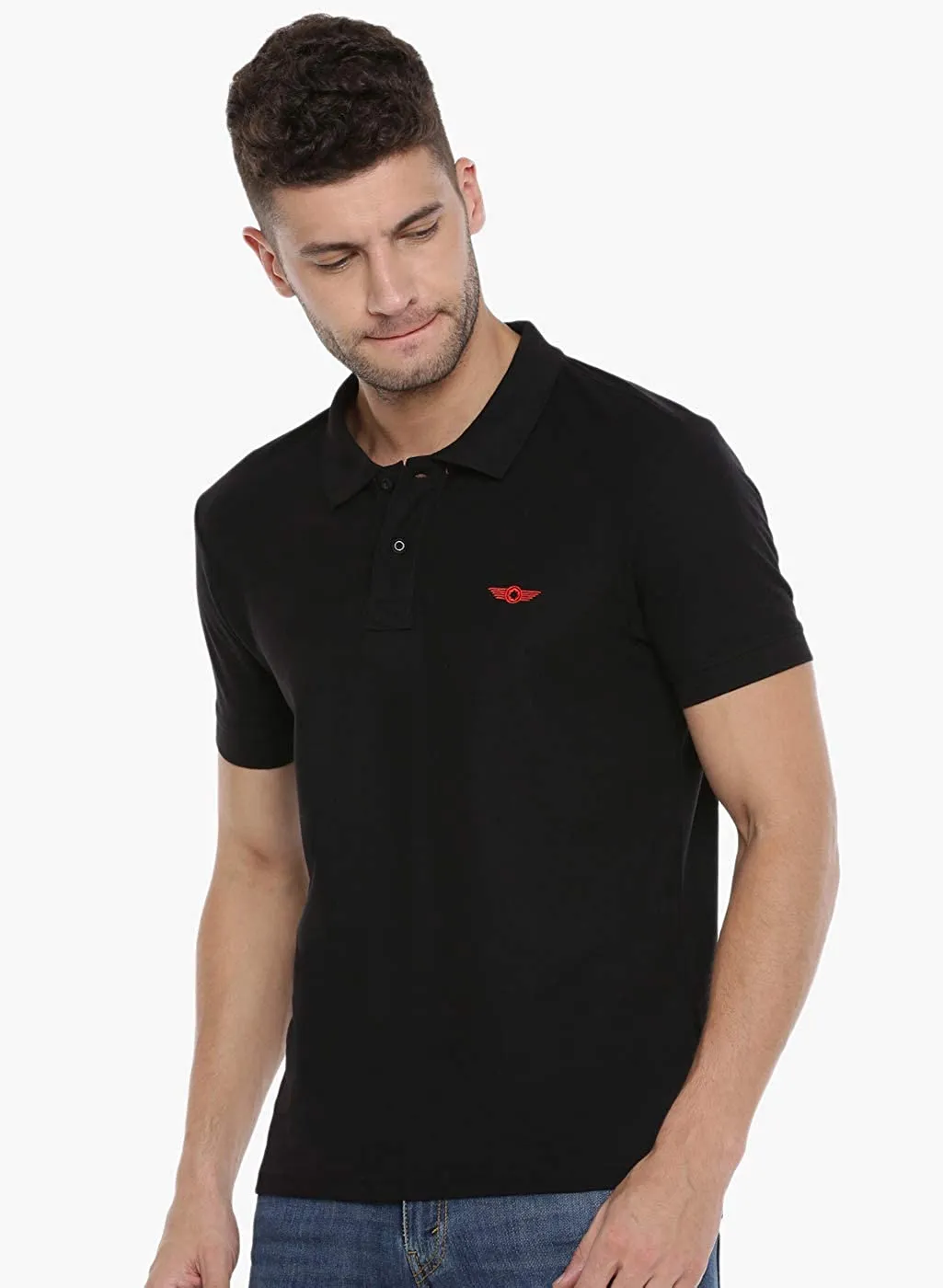 Black Slim Fit Polo Neck T-Shirt with collar for Men