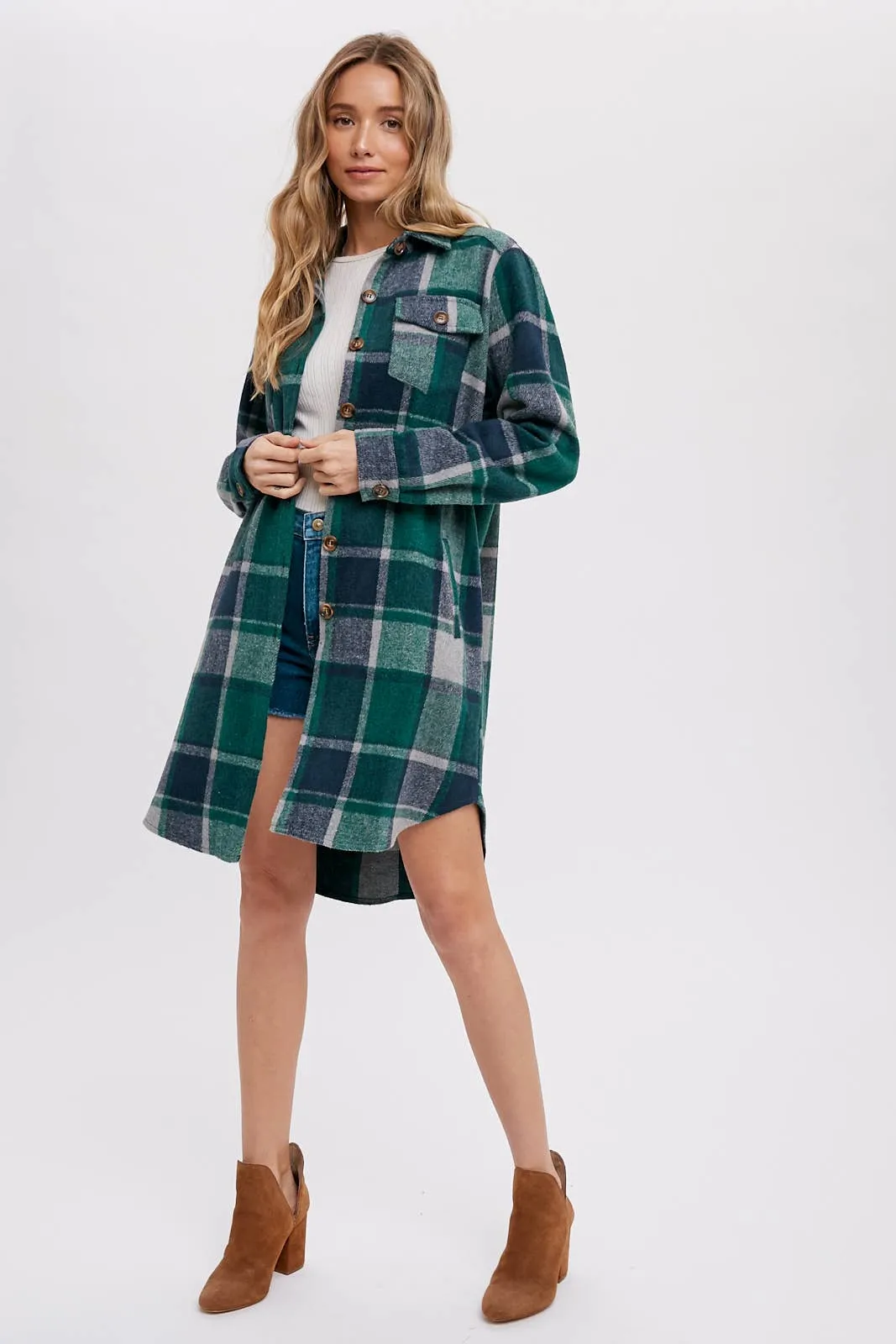 BLUIVY FLANNEL PLAID LONGLINE SHACKET