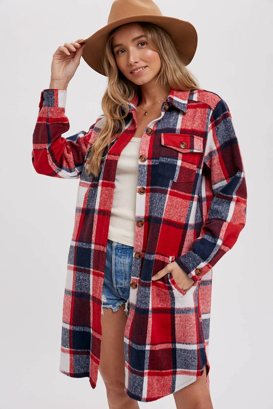 BLUIVY FLANNEL PLAID LONGLINE SHACKET