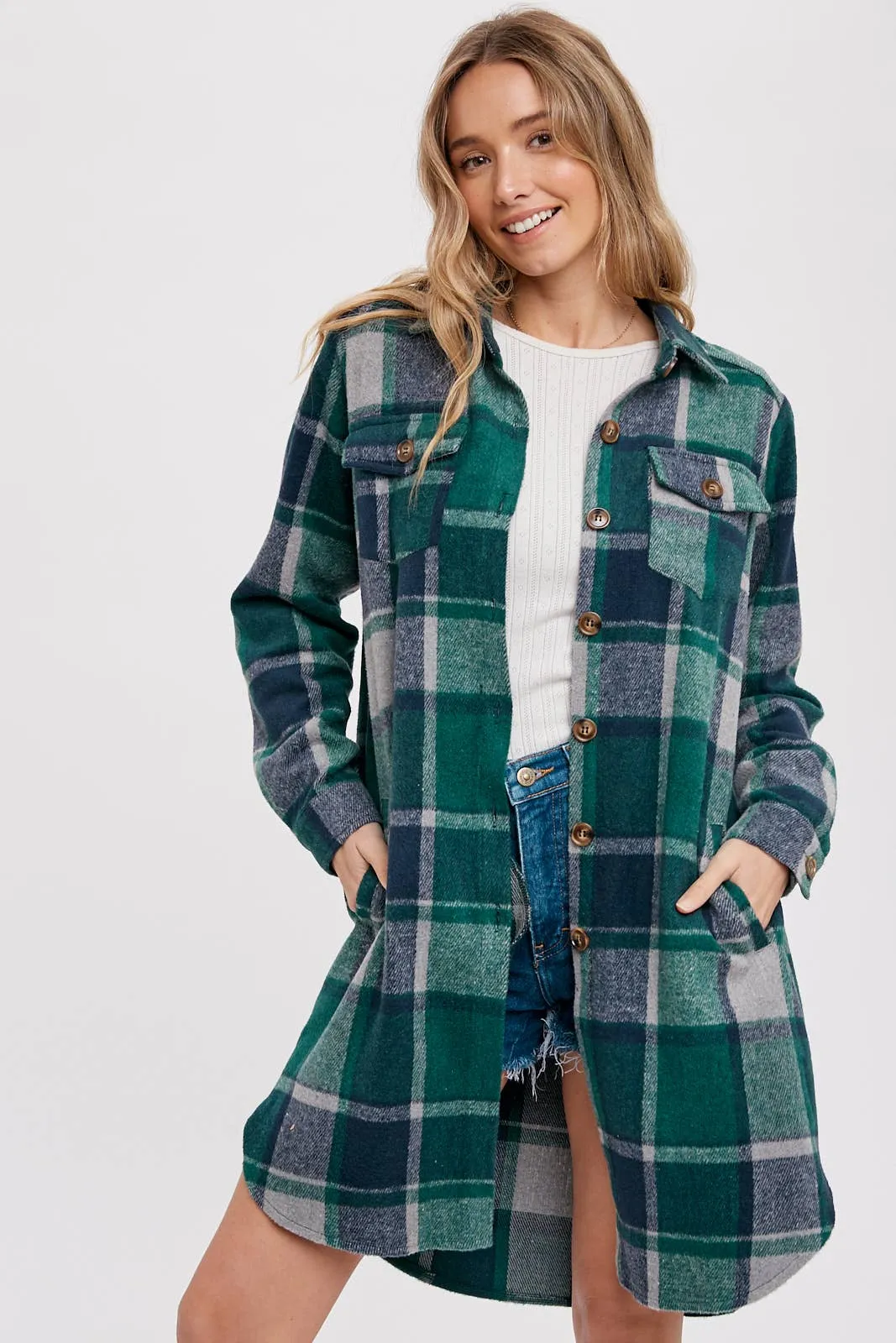 BLUIVY FLANNEL PLAID LONGLINE SHACKET