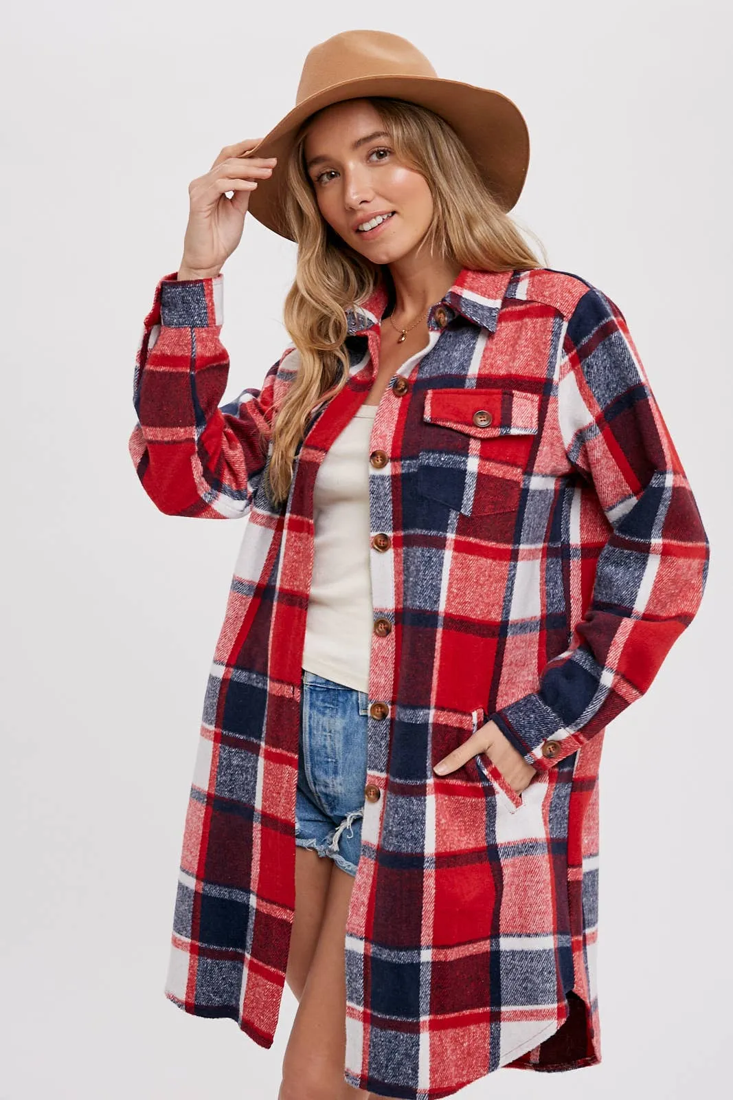 BLUIVY FLANNEL PLAID LONGLINE SHACKET