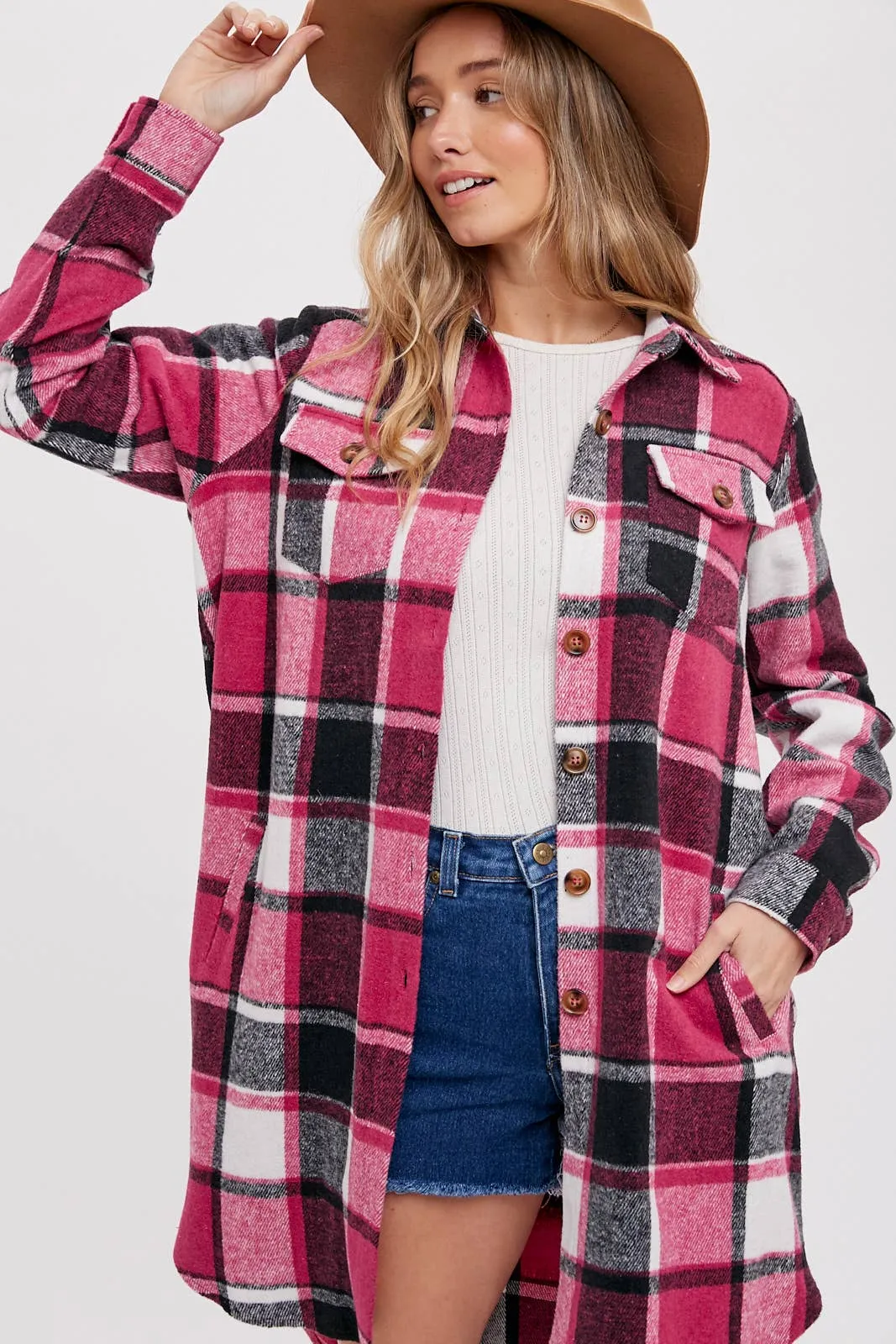 BLUIVY FLANNEL PLAID LONGLINE SHACKET