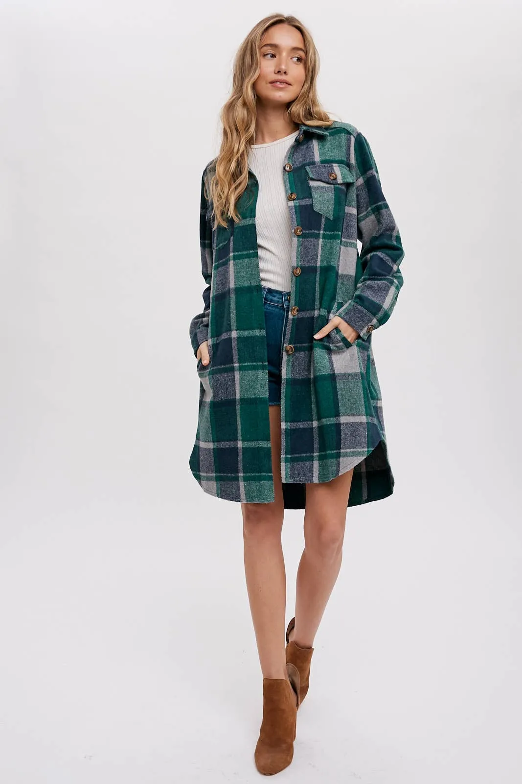 BLUIVY FLANNEL PLAID LONGLINE SHACKET