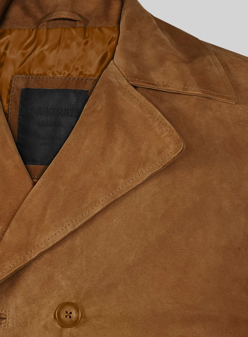 Caramel Brown Suede Leather Pea Coat