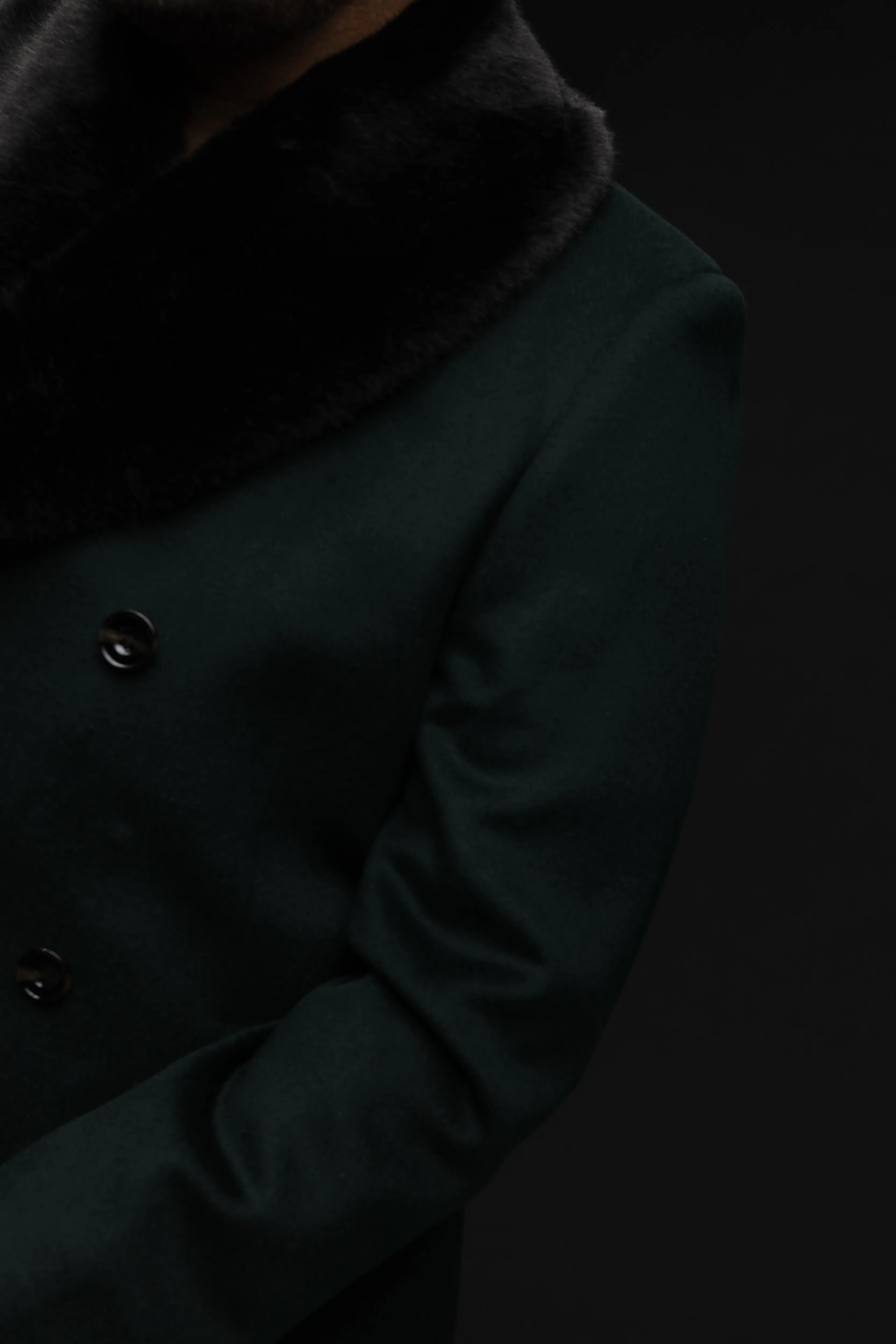 Denaro King - Rounded Faux Fur Collar Wool Cashmere Coat