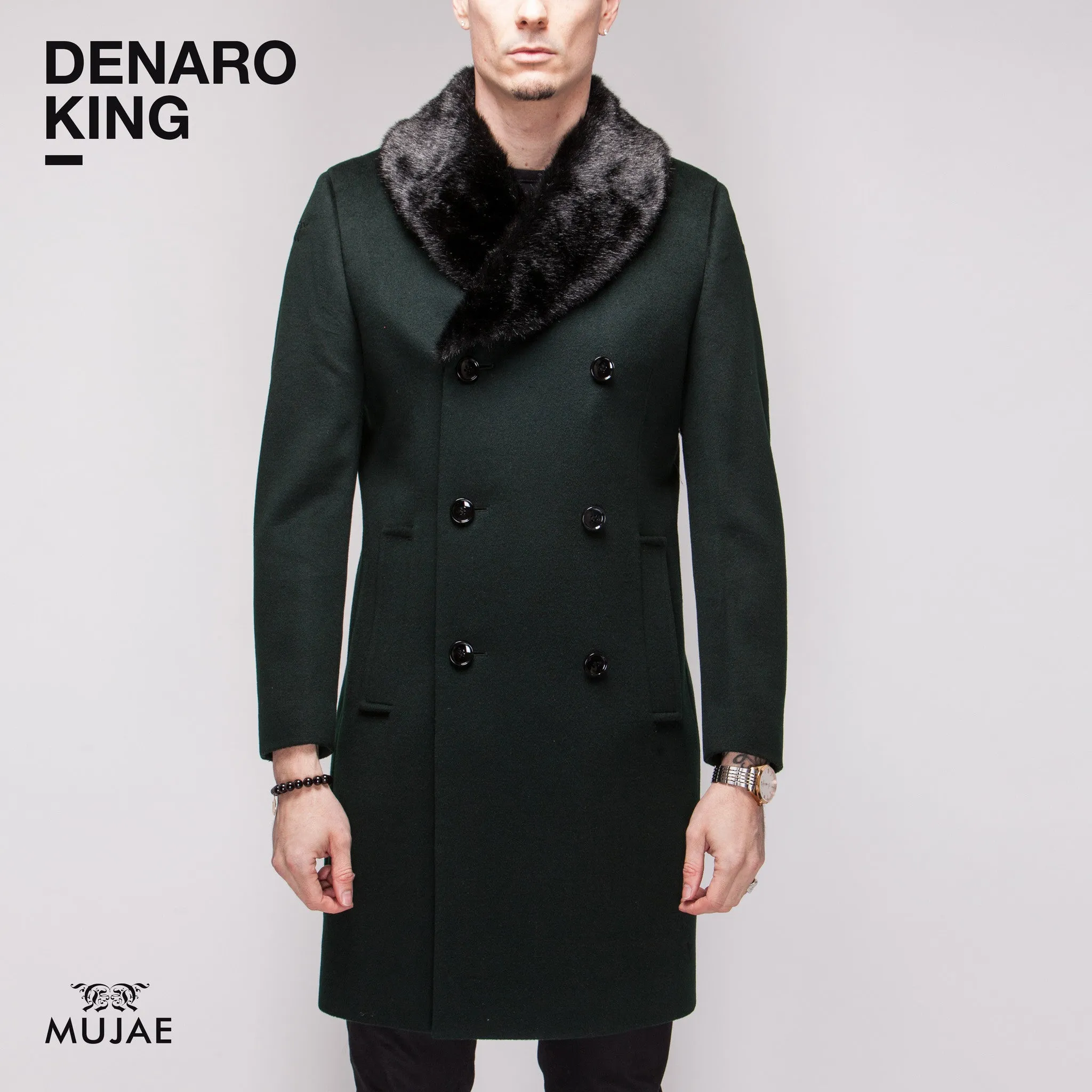 Denaro King - Rounded Faux Fur Collar Wool Cashmere Coat