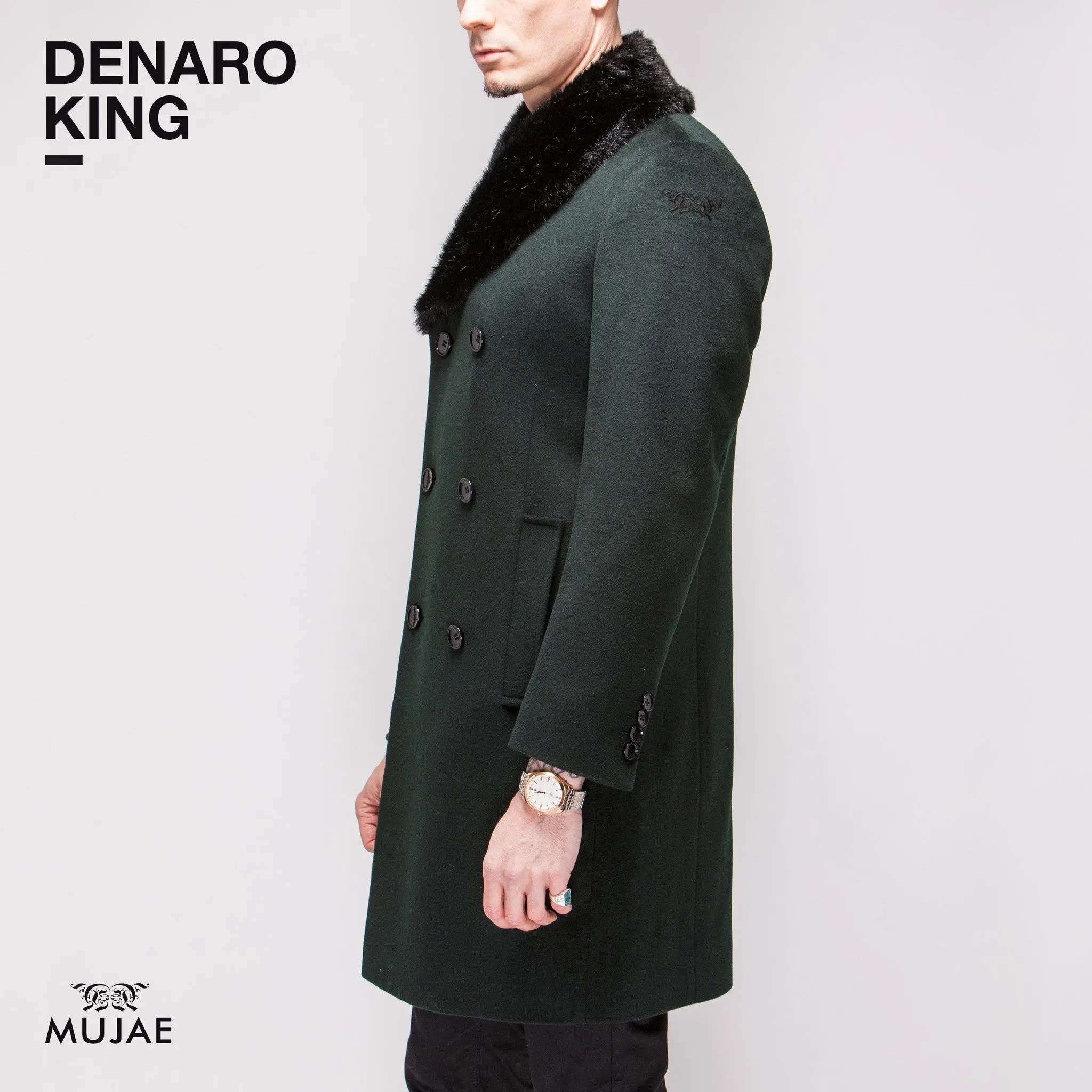 Denaro King - Rounded Faux Fur Collar Wool Cashmere Coat