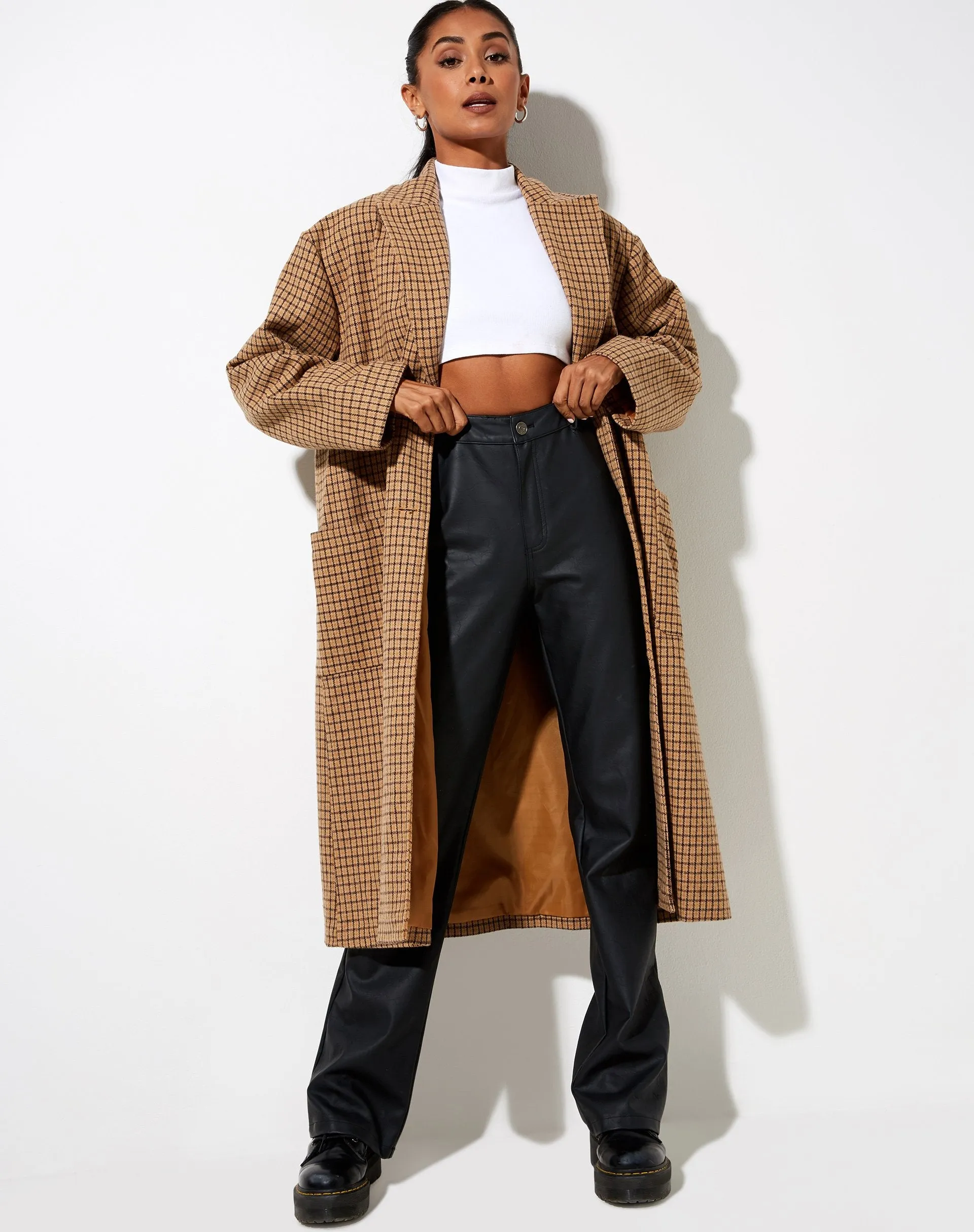 Duster Coat in Houndstooth Brown Check