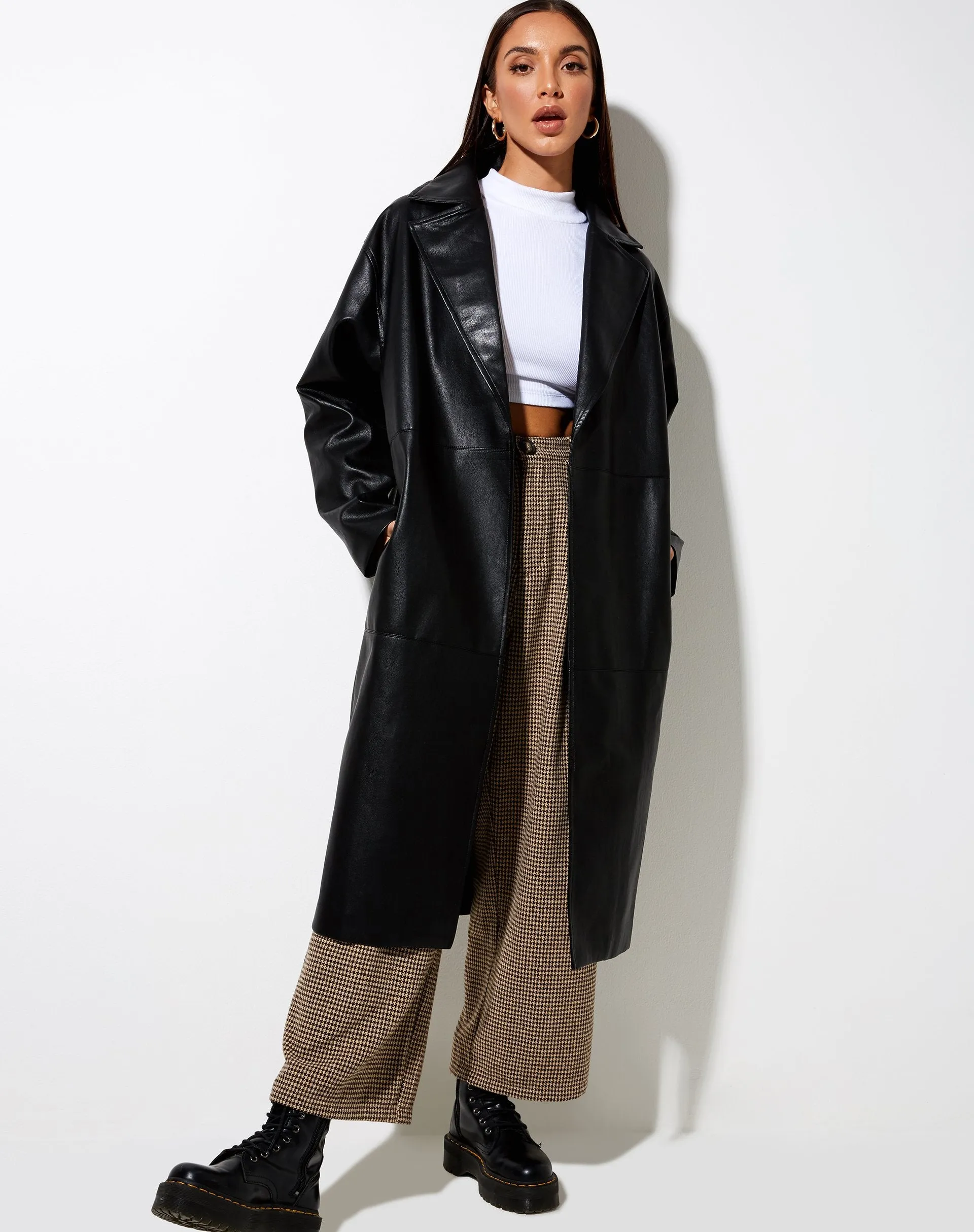 Duster Longline Coat in Pu Black