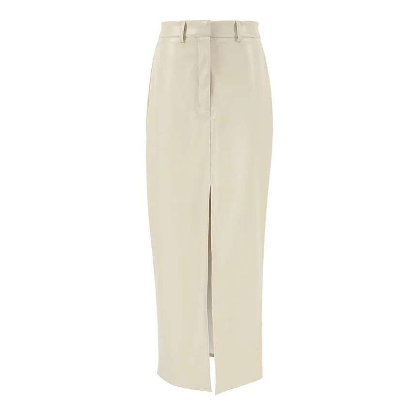 French Style PU Leather High Waist Split Pencil Maxi Skirt (Khaki/Black)