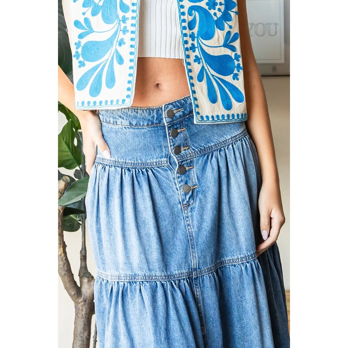 Front Button 3 Tiered Denim Skirt