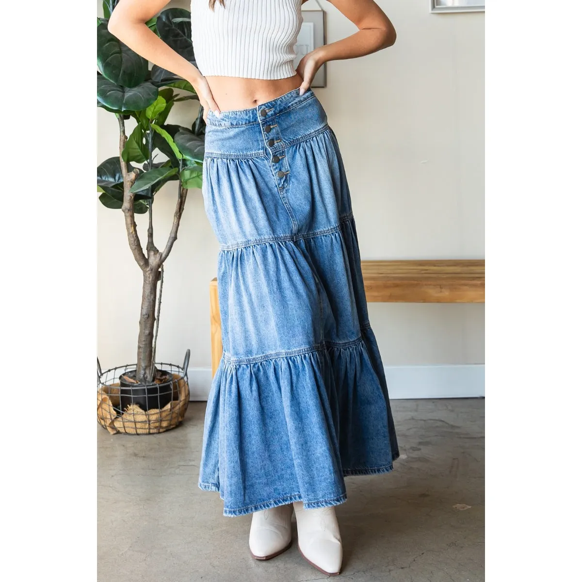 Front Button 3 Tiered Denim Skirt